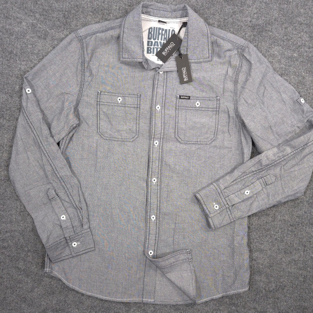 Buffalo David Bitton Shiriki Shirt Mens Small Bleu Baleine Chambray Roll Tab NEW